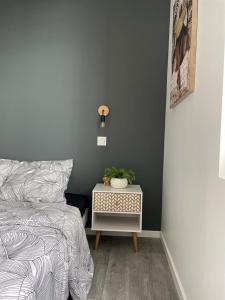 a bedroom with a bed and a table with a plant on it at Casa Luna, Votre Maison Familiale avec son jardin privé en Plein Cœur de Ville in Bourges