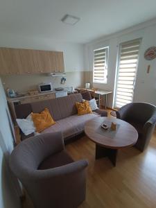 ein Wohnzimmer mit einem Sofa und einem Tisch in der Unterkunft Apartman Dana in Sokobanja