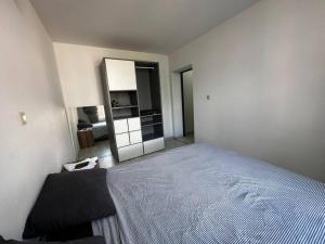 1 dormitorio con 1 cama grande y espejo en Grand Appartement cosy et lumineux, en Mons