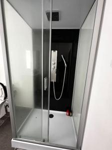einer Glasduschkabine mit Telefon in der Unterkunft Grand Appartement cosy et lumineux in Mons
