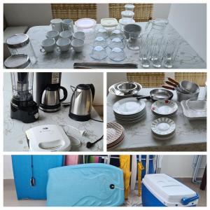 a collage of pictures of a counter with cups and dishes at Apto completo praia Caioba in Matinhos