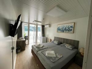 a bedroom with a bed and a television in a room at Complex Turistic Emilio in Sviniţa