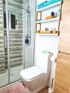 a bathroom with a toilet and a glass shower at Bonito apartamento con vistas al mar in Playa Pobla de Farnals