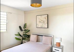 ein Schlafzimmer mit einem Bett und einer Topfpflanze in der Unterkunft 42m2 neuf centre ville avec parking, balcon et sans coupure d'eau in Mamoudzou