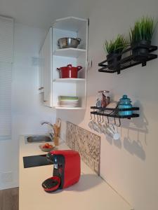 eine Küche mit einem roten Toaster auf der Theke in der Unterkunft M&P - Tres Marias Apartments in Redondela