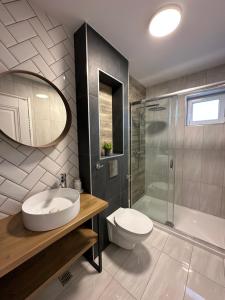 a bathroom with a sink and a toilet and a shower at B59 BOUTIQUE HOTEL in Câmpulung Moldovenesc