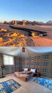 a bedroom with a bed and a tiled wall at Wadi Rum Star Camp in Wadi Rum