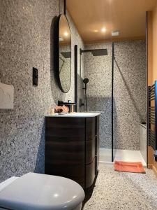 een badkamer met een wastafel en een spiegel bij Maison en centre ville avec extérieur in Compiègne