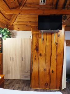 Pokój z telewizorem na drewnianej ścianie w obiekcie Chatka Horec w Starej Leśnej