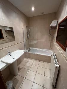 uma casa de banho com uma banheira e um lavatório e uma banheira em Les Remparts em Mirepoix