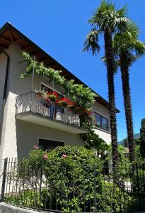 a building with a balcony with flowers and a palm tree at Verdelago in Cannobio