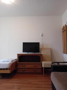 ein Wohnzimmer mit einem TV auf einer Kommode in der Unterkunft PENSIUNEA BIO in Coltău