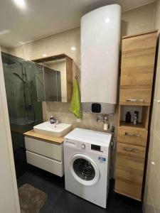 a small bathroom with a washing machine and a sink at Wien an Donau in Vienna