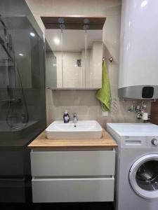 a bathroom with a sink and a washing machine at Wien an Donau in Vienna