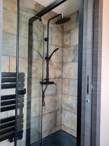 a shower with a glass shower stall in a bathroom at GITE DE LA PIERRE PLATE in Le Thillot