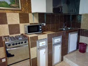 a kitchen with a stove and a microwave at Victorus Homes in Freetown