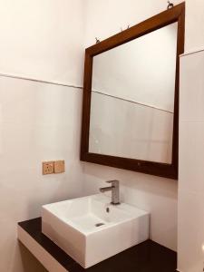 ein Badezimmer mit einem weißen Waschbecken und einem Spiegel in der Unterkunft Nature Rock Dambulla in Dambulla