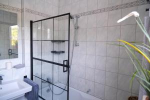 a bathroom with a shower with a glass door at Vesteblick-Penthouse in Coburg