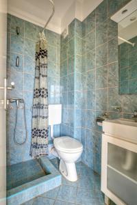 a blue tiled bathroom with a toilet and a shower at Snežna Kraljica in Sutomore