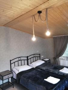 1 dormitorio con 2 camas y techo de madera en Garemta, en Kazbegi