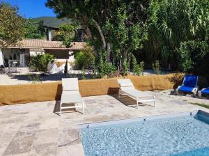 two chairs and a swimming pool in a yard at Terre de Lumière 3 in Nyons
