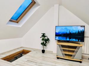 a flat screen tv sitting on a stand in a room at Altheda Living Tiny House in Suceava