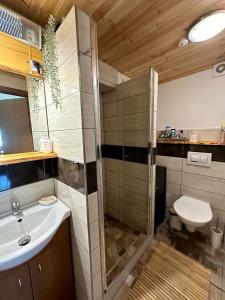 Koupelna v ubytování Apartmán s výhledem na Jezerní stěnu