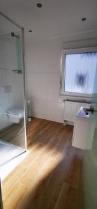 łazienka z toaletą, umywalką i oknem w obiekcie Ferienwohnung,Unterkunft Blick Rappenstein w mieście Hausen am Tann
