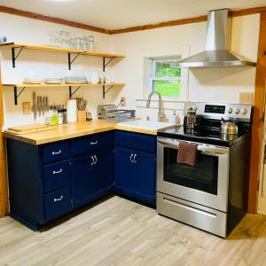 a kitchen with blue cabinets and a stove at Cozy and Charming Cottage with Jacuzzi and Fire Pit! in Livingston Manor