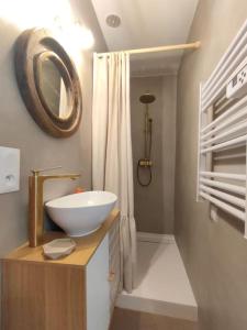 ein Badezimmer mit einem Waschbecken und einem Spiegel in der Unterkunft «l’Orient Express» joli 2 pièces fonctionnel in Nizza