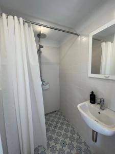 y baño con cortina de ducha y lavamanos. en Pie Jūras Pāvilostā, en Pāvilosta