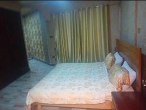 um quarto com uma cama grande e uma cabeceira em madeira em Victorus Homes em Freetown