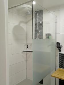 bagno con doccia in vetro e lavandino di Ferienwohnung Am Steingarten beim Europa-Park a Rust