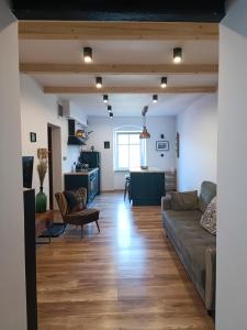 Klimatyczne Apartamenty Złoty Stok في زلوتي ستوك: غرفة معيشة مع أريكة وطاولة