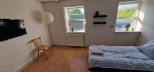1 dormitorio con 1 cama, TV y 2 ventanas en ILDHU INN, en Kværndrup