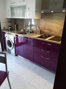 una cucina con armadietti viola e lavatrice di Apartamento El Ferial a Sarón