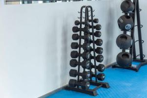 a gym with two rows of weights at Lennox Beautiful 2 Bed in Accra