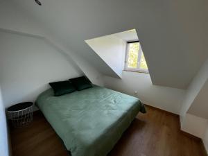 een slaapkamer met een groen bed op een zolder bij Domaine de Val combe in Dole