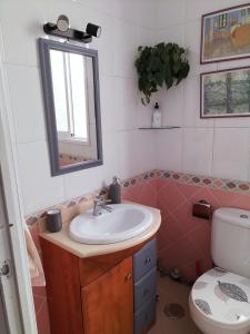 y baño con lavabo, aseo y espejo. en El Coqueto de Vallecas, en Madrid