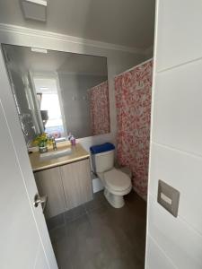 a bathroom with a toilet and a sink and a mirror at Departamento Lynch Iquique in Iquique +13 photos