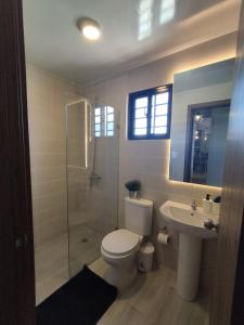 un bagno con wc, lavandino e doccia di LACIOCHICAPARMENT a Hainamosa