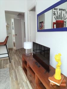 uma sala de estar com uma televisão de ecrã plano numa mesa de madeira em El Coqueto de Vallecas em Madri