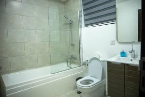 een badkamer met een toilet, een douche en een wastafel bij Lovely 2 Bedroom Loft/Duplex - Labone in Accra