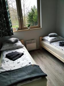 two twin beds in a room with a window at Inaczej in Niczonów