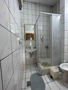 a bathroom with a shower sink and a toilet at Vila Zara in Gevgelija