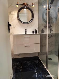 y baño con lavabo blanco y espejo. en Studio avec jaccuzzi en Saintry-sur-Seine