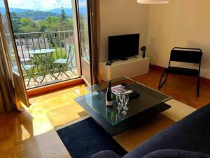 een woonkamer met een salontafel en een televisie bij Pau centre vue sur les Pyrénées pour 2 nuits au minimum in Pau
