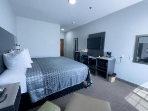 Madill的住宿－馬迪爾美國酒店，配有一张床和一台平面电视的酒店客房