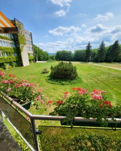 Blick auf einen Park mit Blumen und ein Gebäude in der Unterkunft Harz Hotel Vogelberg in Blankenburg