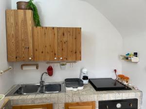 een keuken met een wastafel en houten kasten bij 'Il Caratteristico' (centro storico) in Capistrello